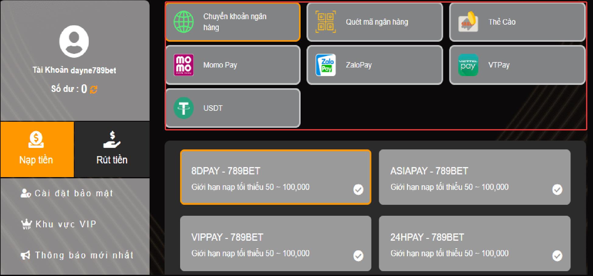 Các phương thức nạp tiền tại 789bet.