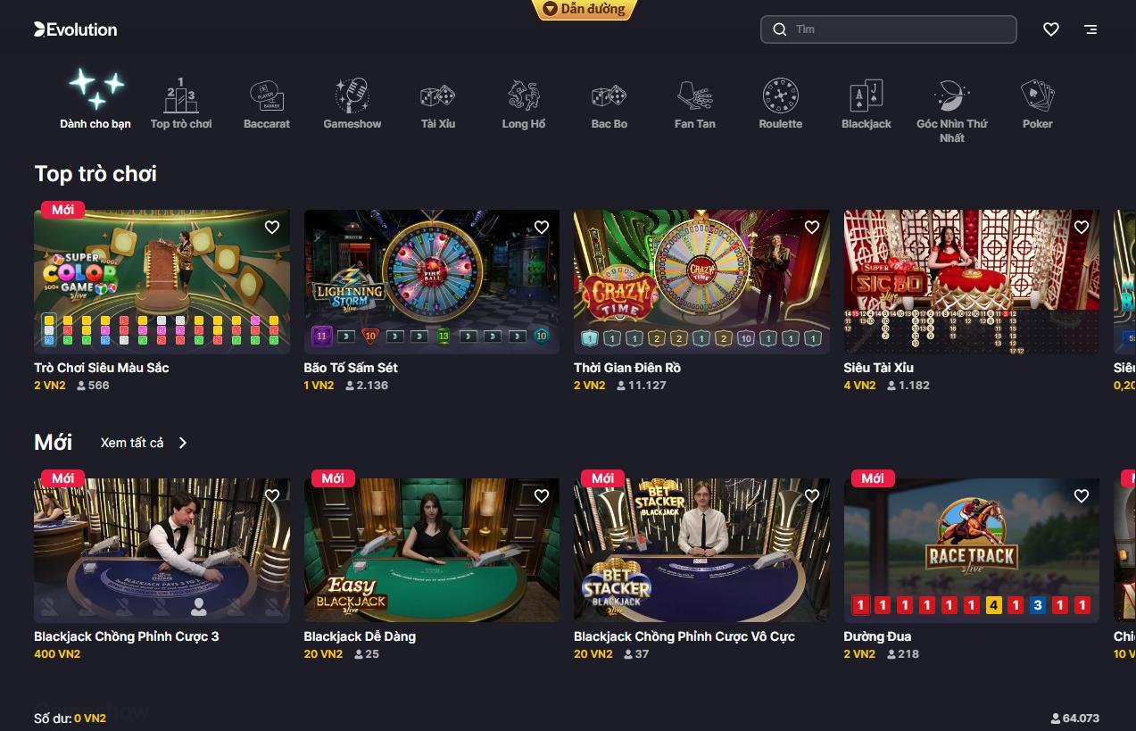 Giao diện sảnh Evolution Gaming Casion 789bet